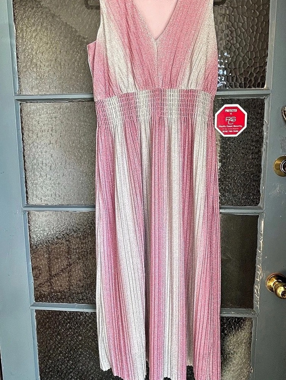 Danny & Nicole Pink Silver pleated Shimmer Pleated Maxi Dress Smocked Waist 8